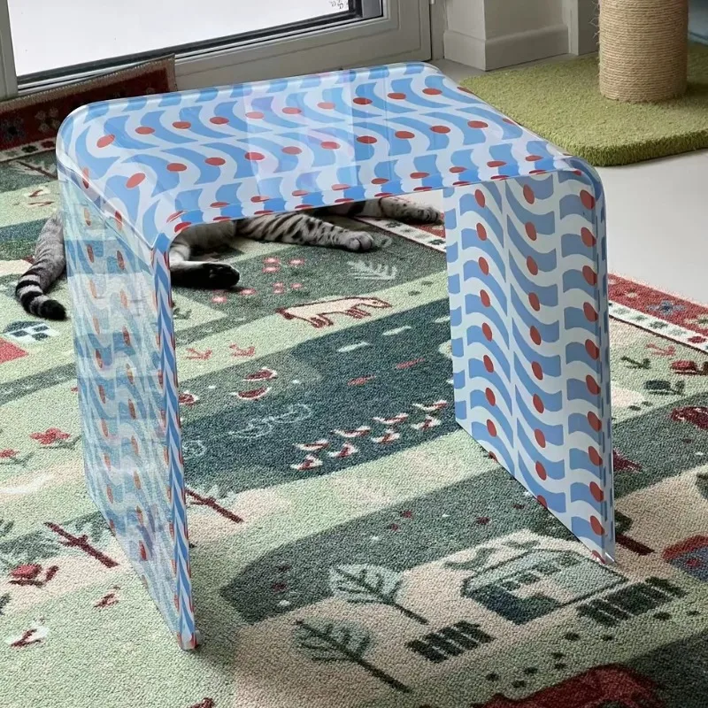 Acrylic Printed Side Table,artistic Pattern Square Side Table,creative U-shaped Shoe Changing Stool,living Room Sofa Side Shelf