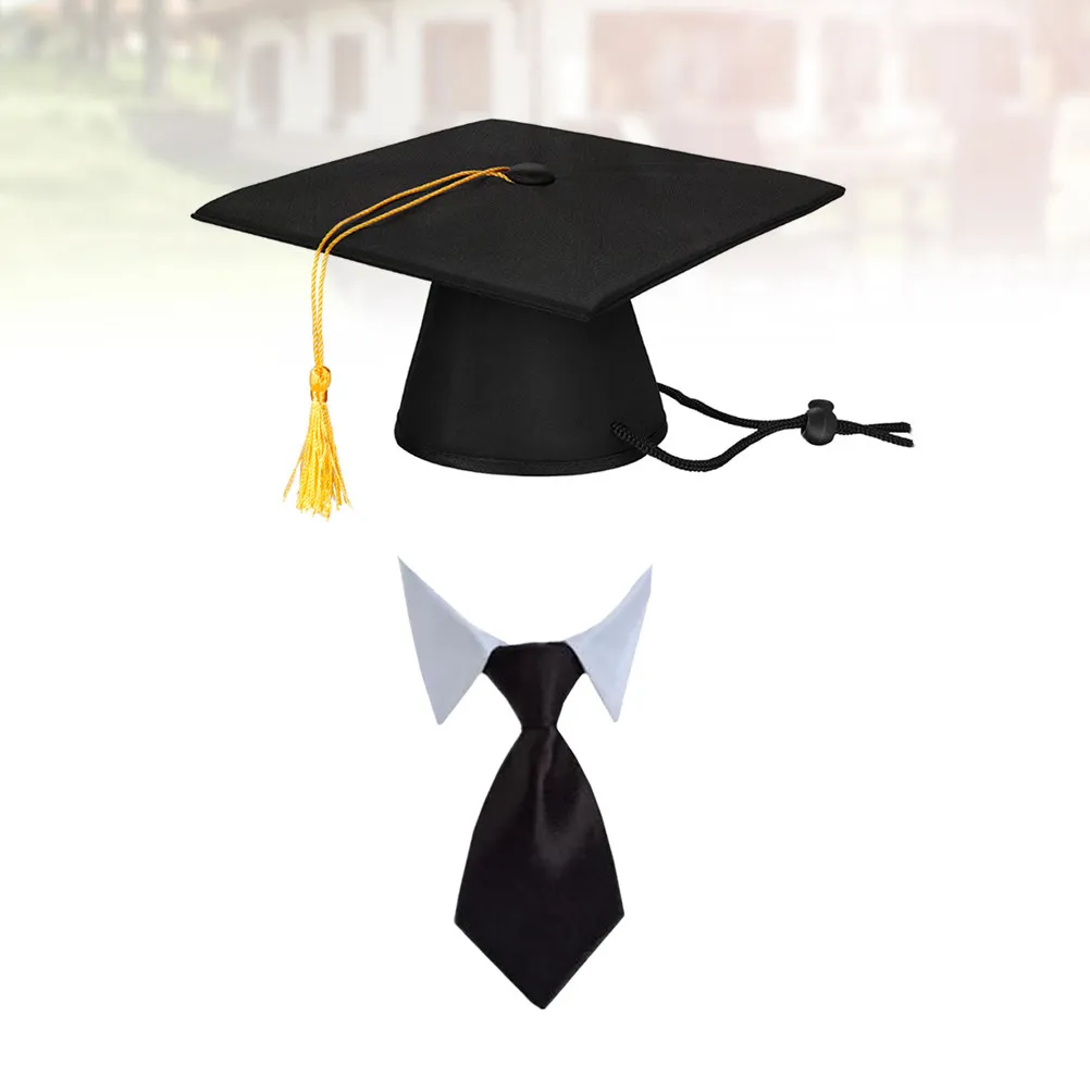 2Pcs Pet Graduation Hat Tie Set Black One Size Fits Most Dogs Cats Party Supplies Celebration Pet Collar Hat