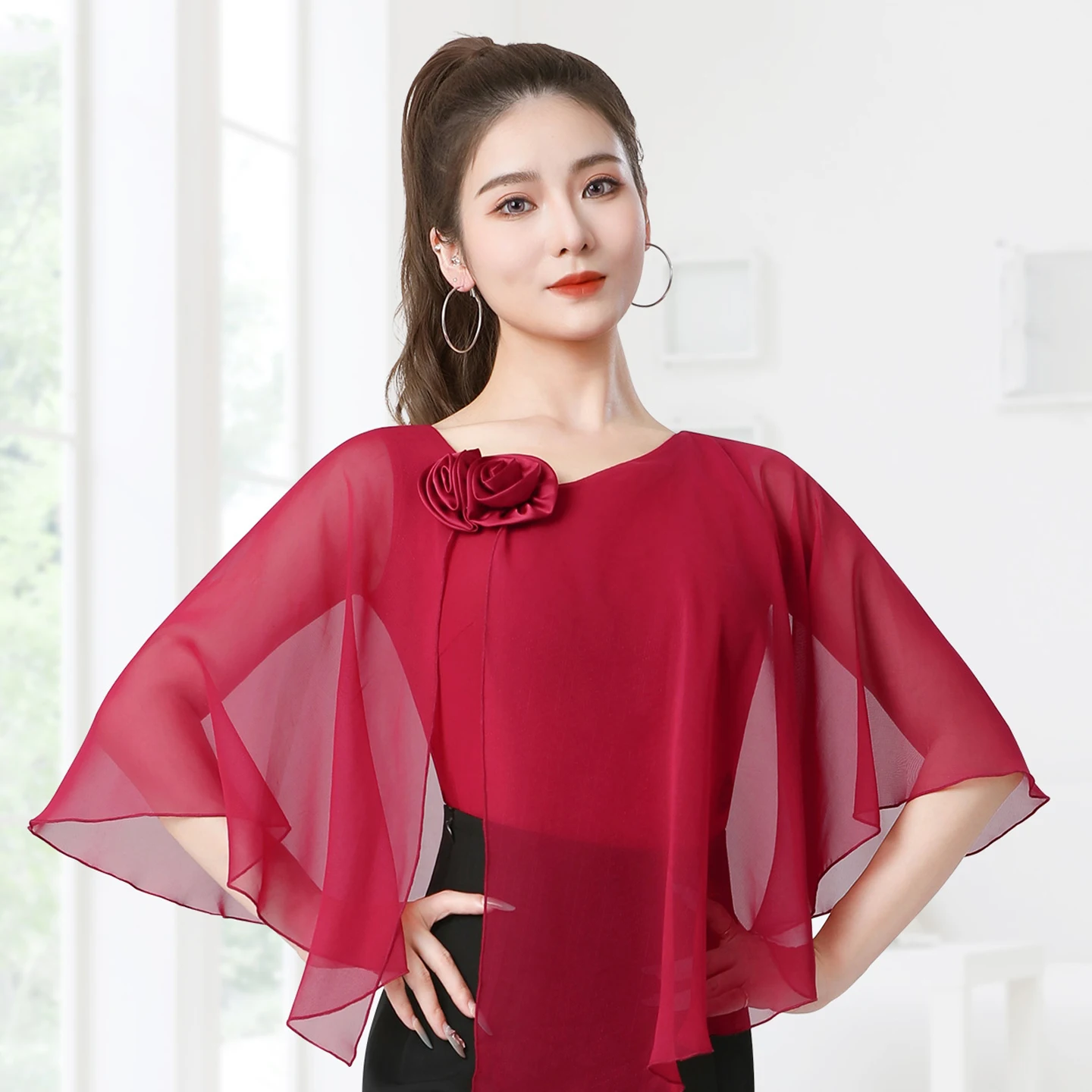 

Новинка 2024 года, топы для бальных танцев, сетчатая верхняя одежда с оборками, тренировочная одежда, платье для самбы, чачи, танго, костюмы для взрослых, одежда DN21136