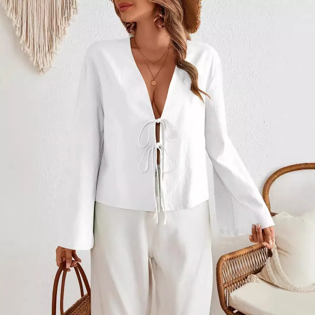 Women Casual Loose V-Neck Shirt with Tie Front Solid Color Blouses