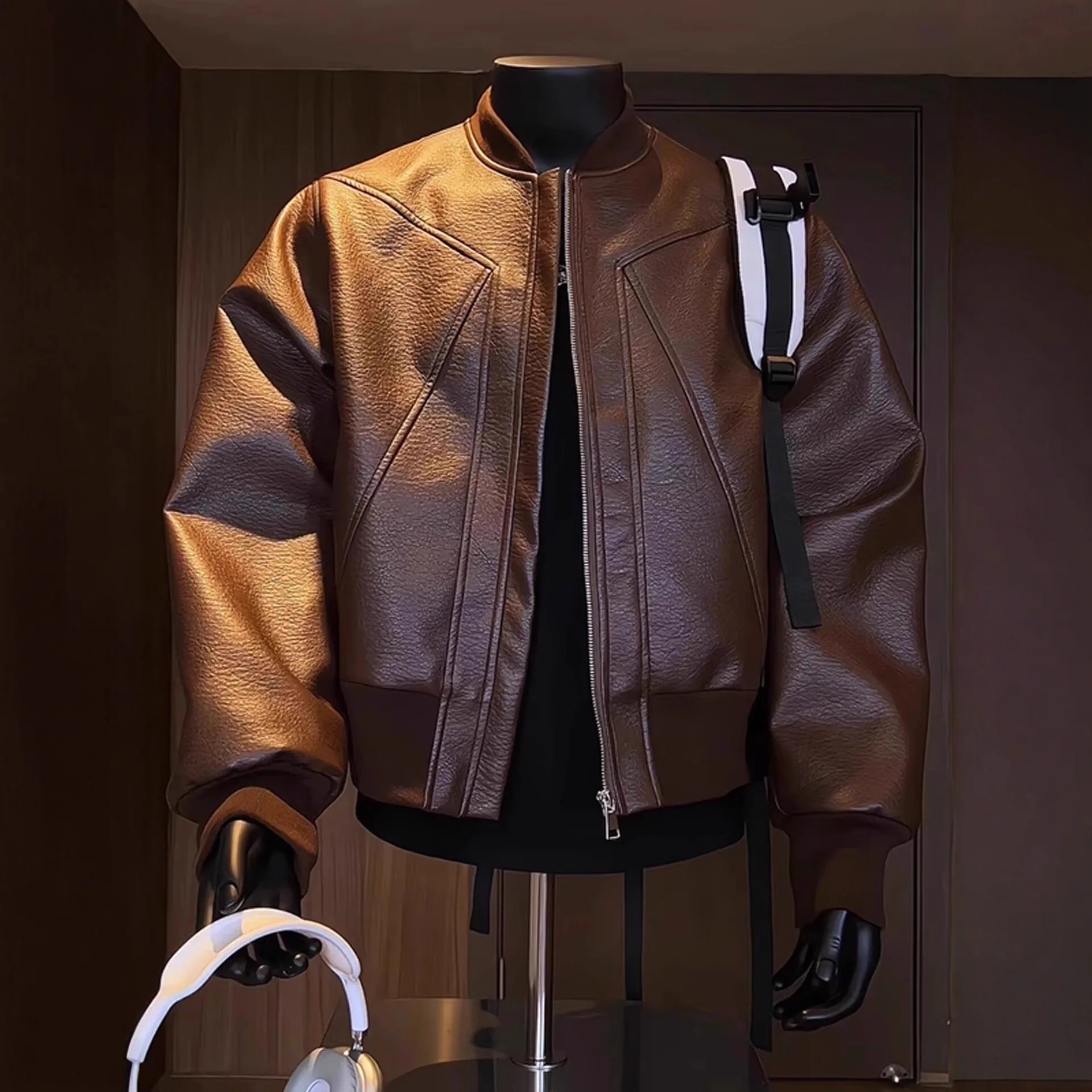 

Leather Coat Men's Trendy Vintage PU Leather Jacket Autumn Baseball Collar Loose Fit Motorcycle Style Bomber Outerwear