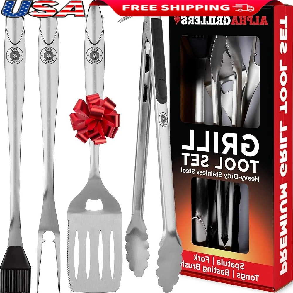 

Heavy Duty BBQ Tool Set Stainless Steel Grilling Accessories Spatula Fork Brush Tongs Perfect Gift Fathers Day Dad Men