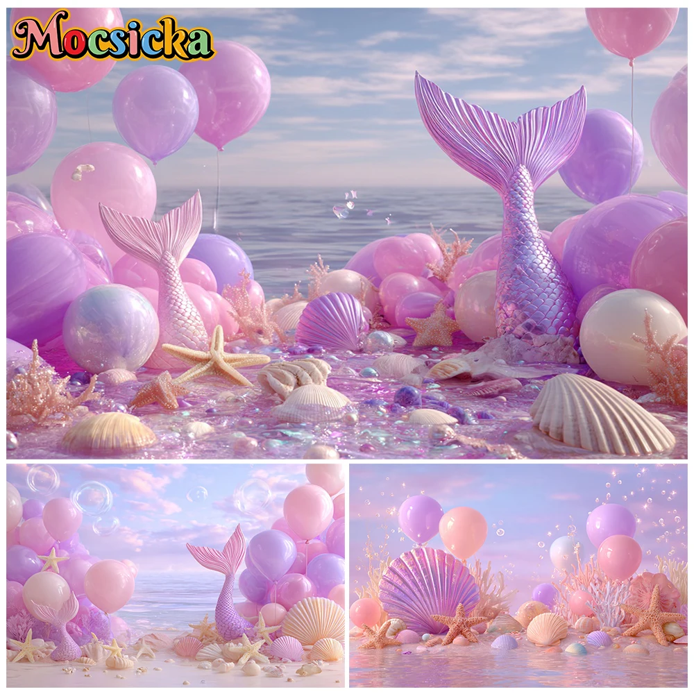Mocsicka Photography Background Wedding Birthday Party Purple Mermaid Beach Pattern Decors Portrait Photo Backdrop Studio Banner