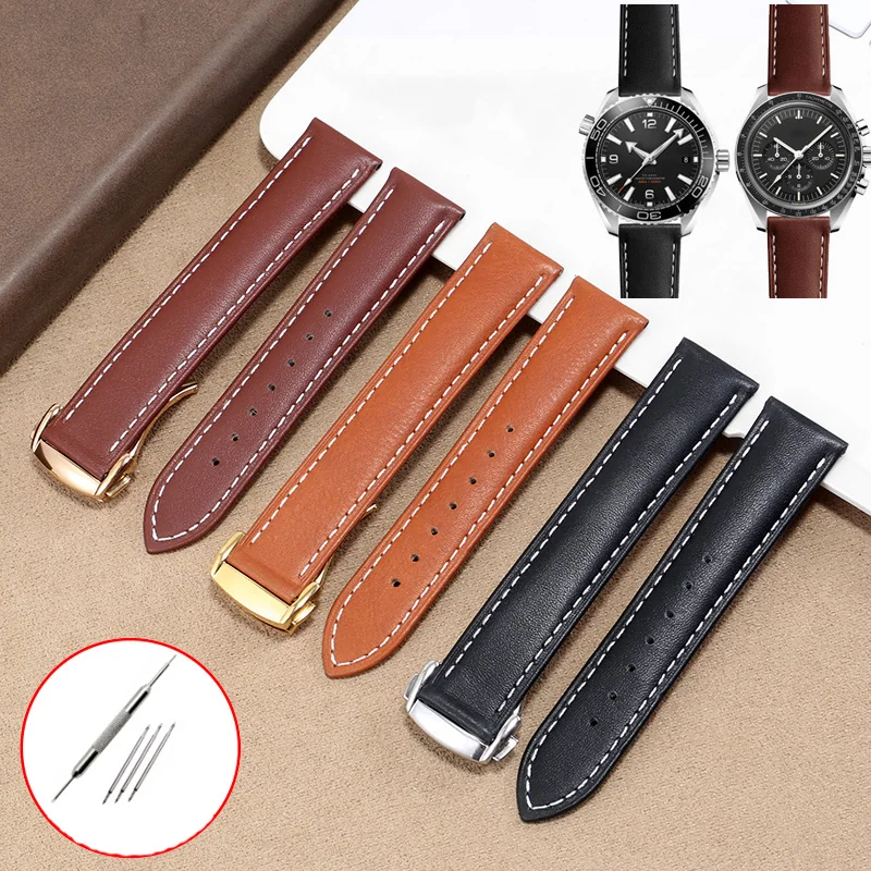 

YOPO Genuine Leather Watchband for Omega 300/150 Black Brown Watch Strap Folding Buckle Accessories Wrist Strap