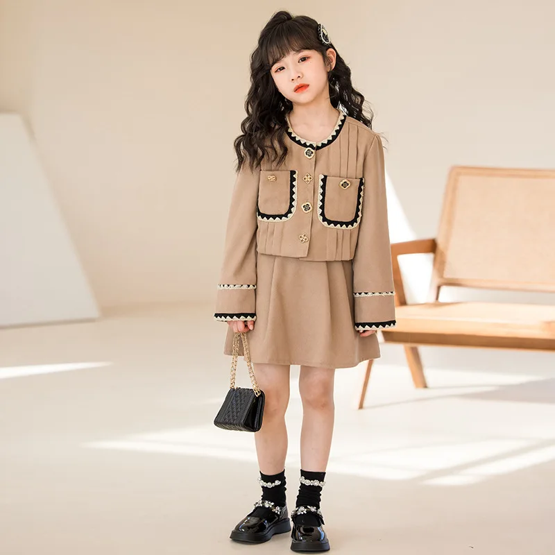 ZOETOP 2024 Spring Autumn School Girl Clothing Set Children Girl 2 Pocket Contrast O-neck Coats+Pleated Skirt Set For Girls