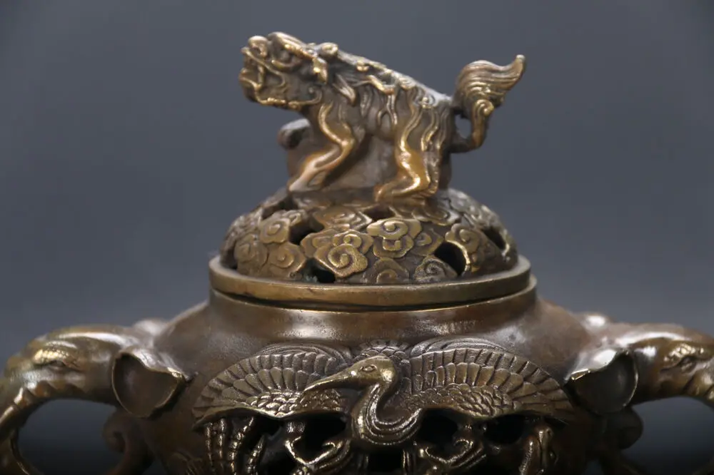 China old superb handwork copper Carve Crane Elephant Incense Burner lion lid