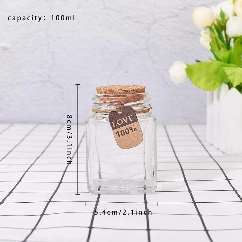 10 Pack 3.4oz 100ml Glass Favor Jars with Cork Lids Tags and Strings Square Glass Jars for Home Party Candy Snacks