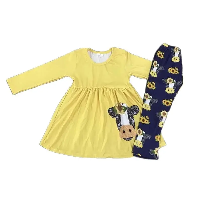 Conjunto longo de algodão infantil, vestido de bebê mais calças, roupas infantis, 0-16 anos, outono