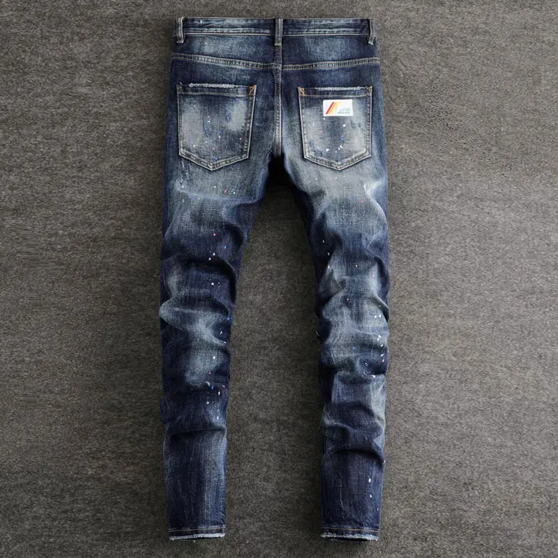 y2k fashion new men's jeans painted red patch elastic slim fit nostalgic blue jeans high street hip-hop brand pants hombre