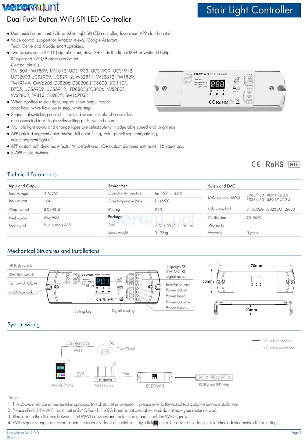 Skydance ES-D ES-DP(WT) Tuya WiFi مستشعر PIR مزدوج + زر ضغط مزدوج وحدة تحكم في ضوء الدرج لشرائط البكسل DC5-24V RGB/White #4
