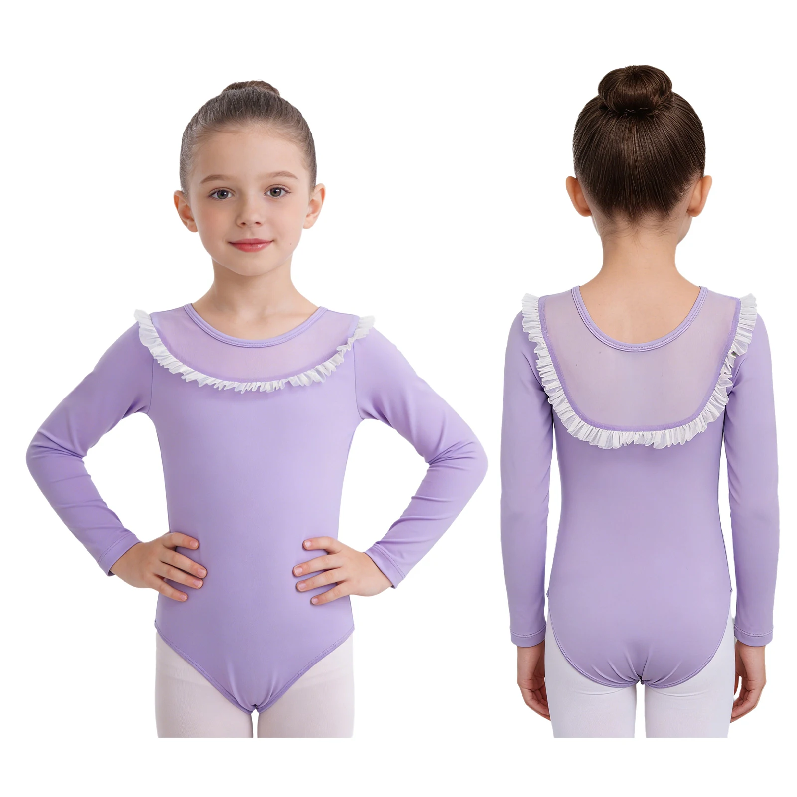 Kinderen meisjes gymnastiek ballet dans turnpakje outfit lange mouw pure mesh patchwork bodysuit kunstschaatsen dansvoorstellingen