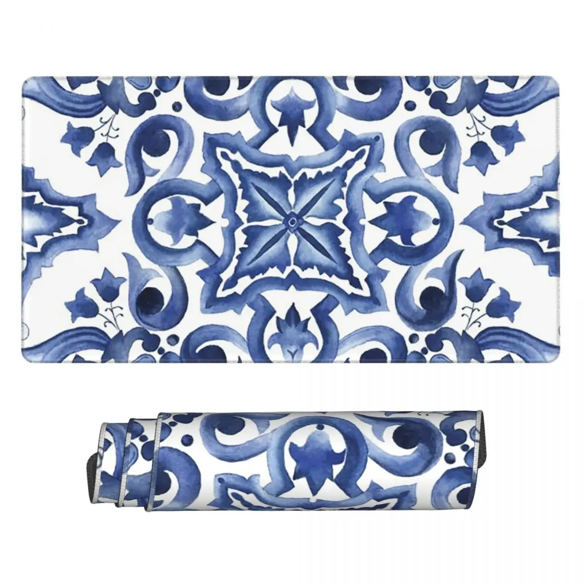 

Large Mouse Pad Blue Ornate Floral Mediterranean Sicilian Tile Gamer PC Laptop Mats Keyboard Accessories Desk Mat