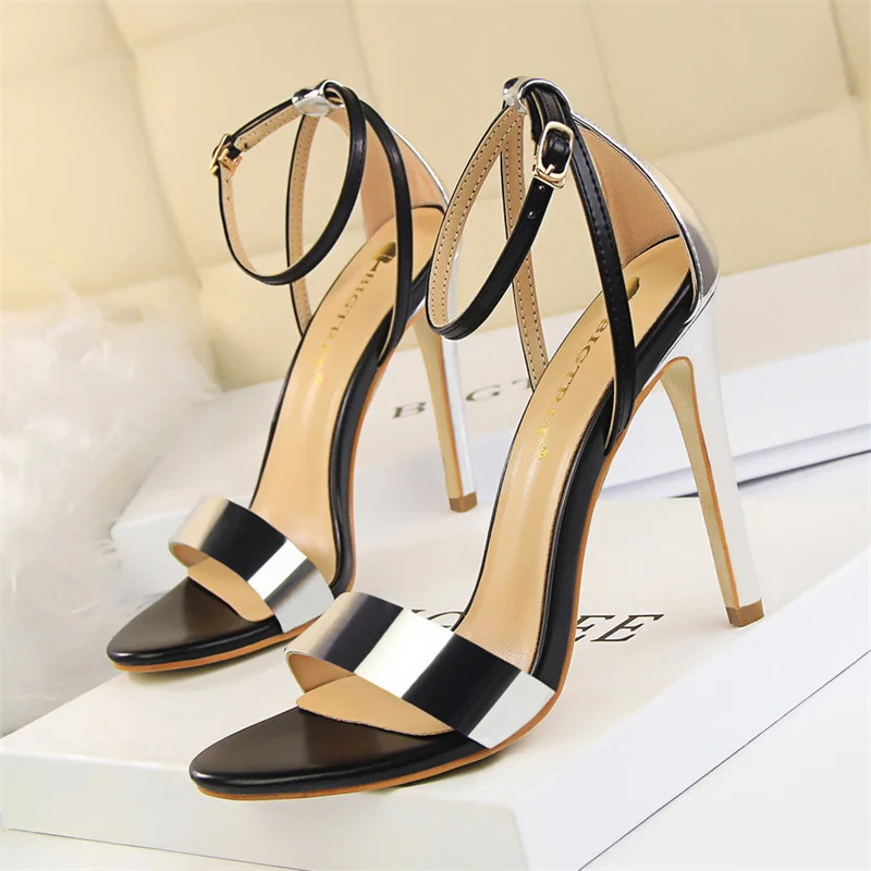 Summer Women Hollow Color Matching Thin High Heels Sandals Fashion Belt Open Toe Wedding Bridal Champagne Gold Sandals