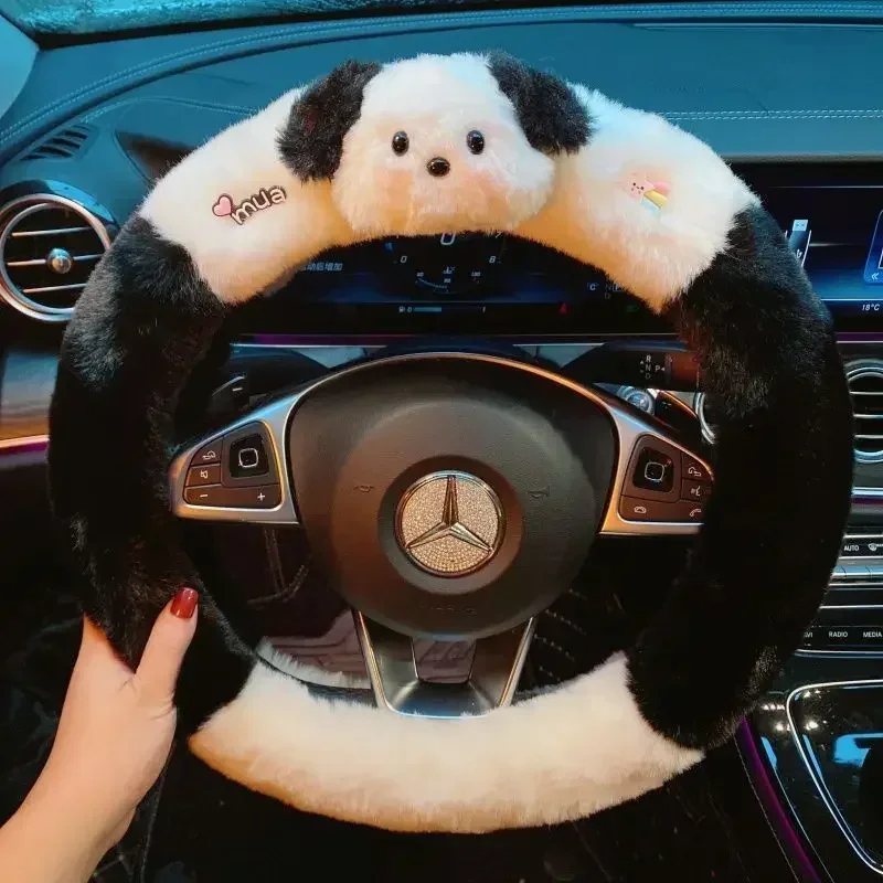 Car Steering Wheel Cover Warm and Plush Anti Shedding Hair Anti Rolling Block Cartoon Decoration for Covering The Car