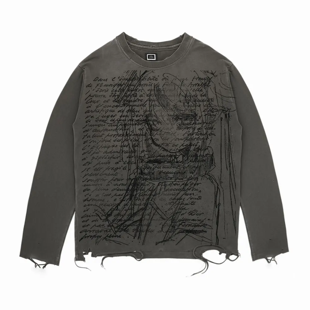 Wang Studio Vintage Washed Distressed Long Sleeve T-Shirt Men's High-End Visual Style Top Casual Wear for Spring 2026