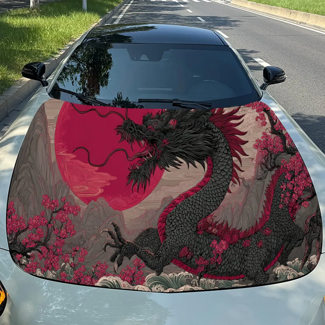 

Elegant Red Dragon Car Hood Stickers - Self-Adhesive, Waterproof and Durable Vinyl Wrap, Decorate And Protect Your Car, Fit For