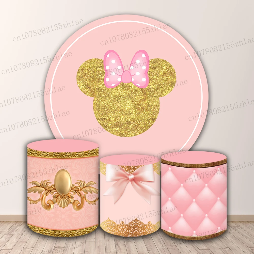 

Minnie and Mickey Birthday Party Photo Backdrop Baby Shower Photography Backdrop Round&Cylinders Plinth Covers Decoration