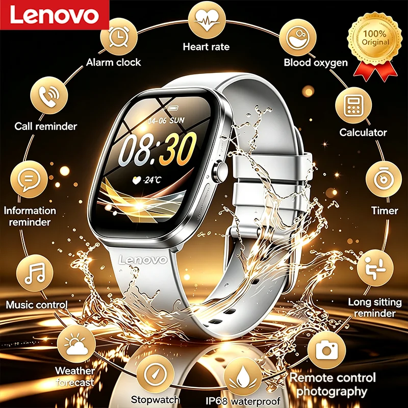 Lenovo 1.83''Sport Smart Watch Waterproof Fitness Wireless Call Smart Watch Clock Health Monitor Watch for Men Women IOS Android