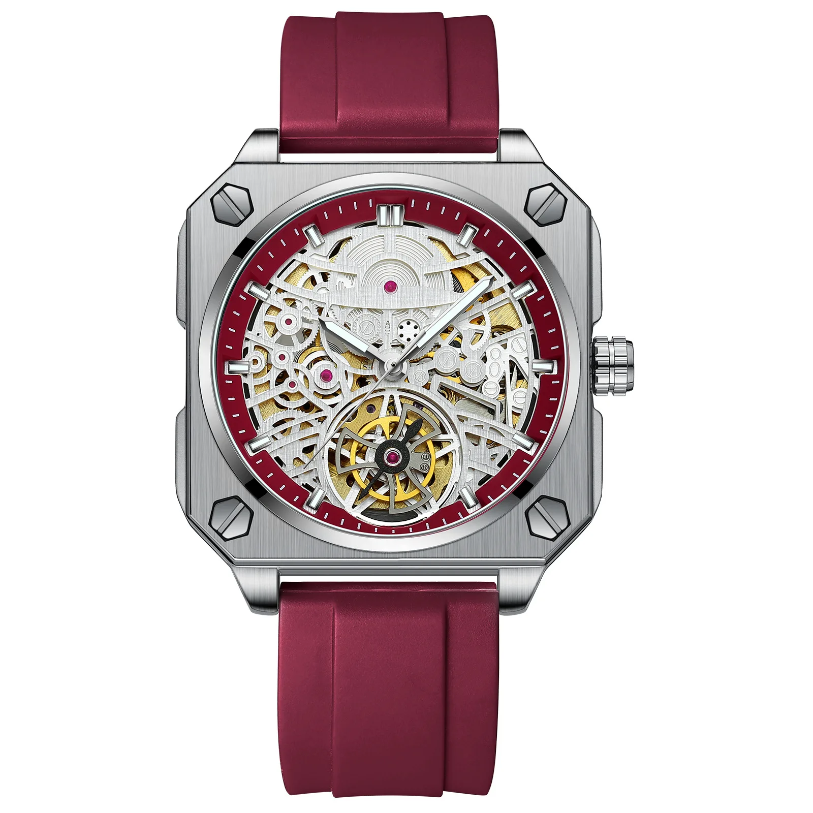 High-End Men's Watch Skeleton Mechanical Watch Luxury Square Stainless Steel Strap Automatic Self-Winding Watch Waterproof Lumin