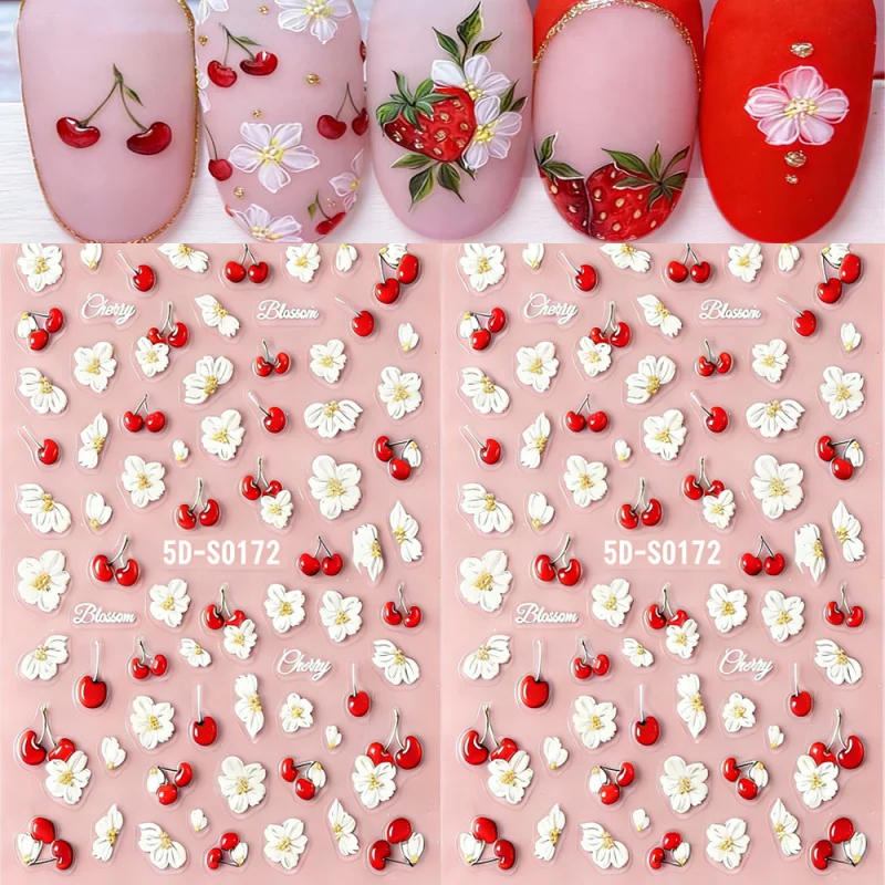

1/2 шт. 5D наклейки для ногтей с красными вишнями и белыми ромашками, фруктовые и цветочные, самоклеящиеся, для DIY маникюра, весенне-летние украшения для ногтей