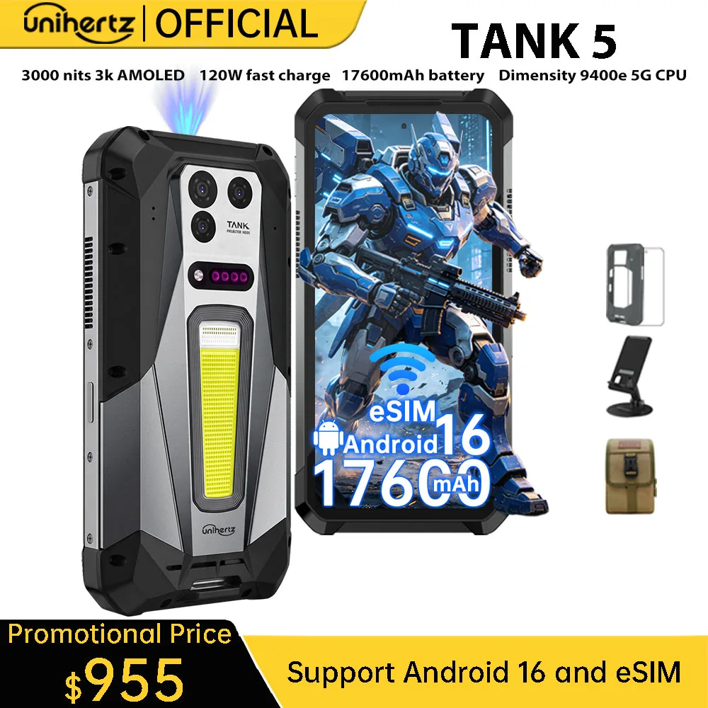 Unihertz 8849 TANK 5 Rugged Smartphone - World's First 2K Projector 9400e CPU 3K AMOLED 18GB+512GB 17600mAh Support eSIM WiFi 7