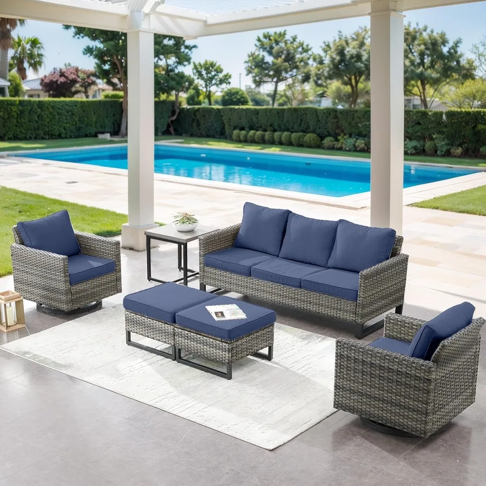 

6 Piece Wicker Patio Furniture Set,with Side Table, 3 Seat Sofa and Ottomans, Small Patio Conversation Sets
