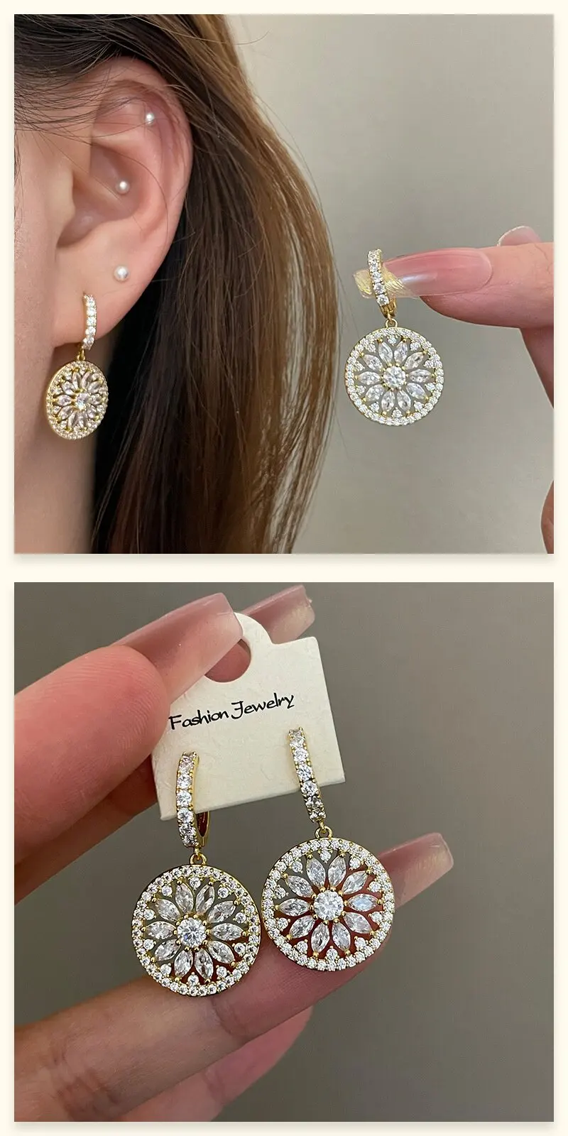 2026 Luxuriöse, glänzende, mikrobesetzte Zirkon-Ohrringe mit 18K Goldplattierung, runde Anhänger für Damen, Vintage-Schmuckzubehör für Hochzeiten und Partys – Detail 3