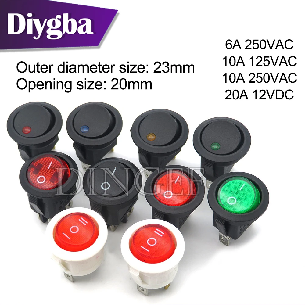 1PCS Round Rocker Switch LED illuminated Car Dashboard Dash Boat Van ON/OFF 12V 24V 6A 250V 10A 125V  2PIN 3PIN 4PIN Switch 20MM