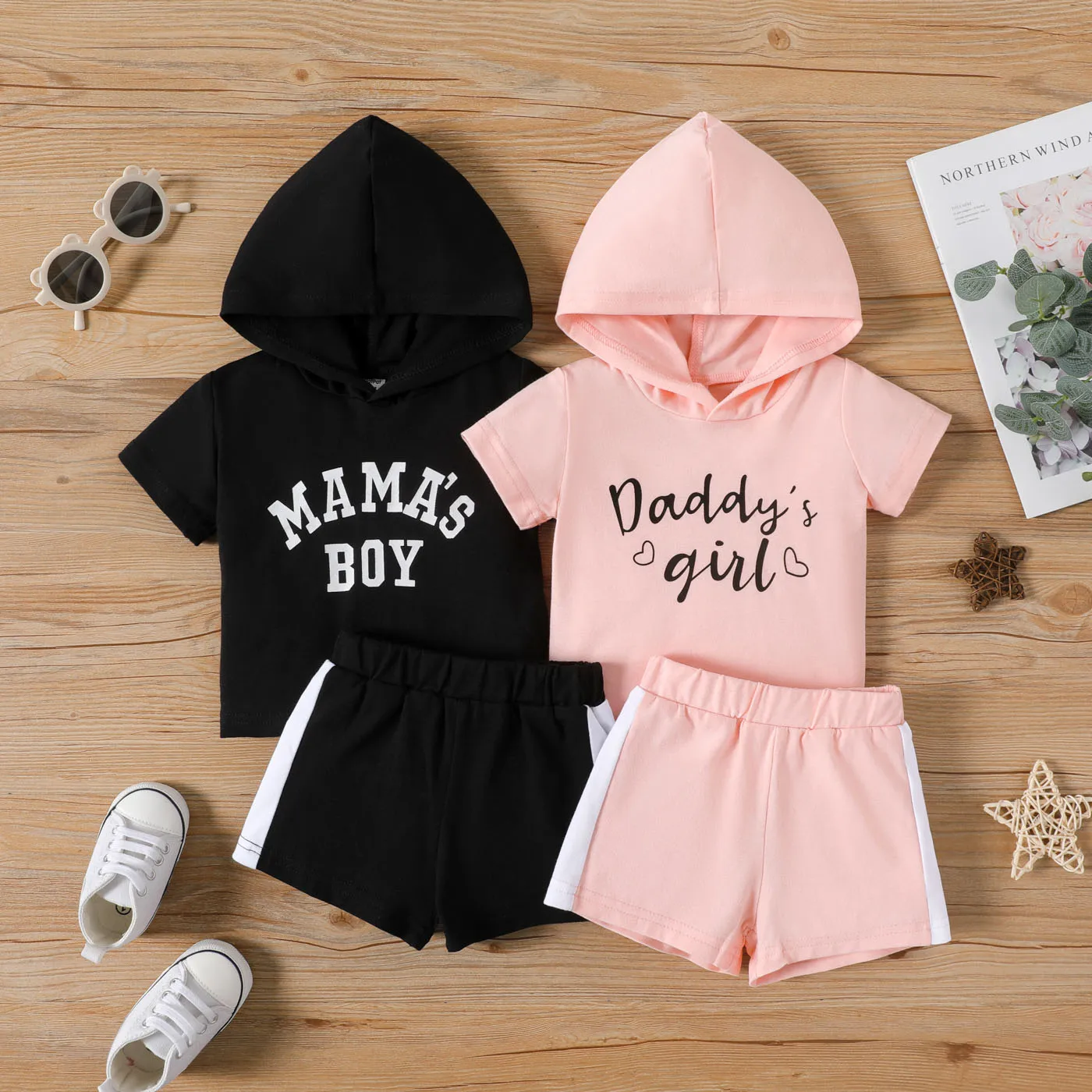 

PatPat 2pcs Baby Boy/Girl Letter Print Hooded Short-sleeve Top & Shorts Set