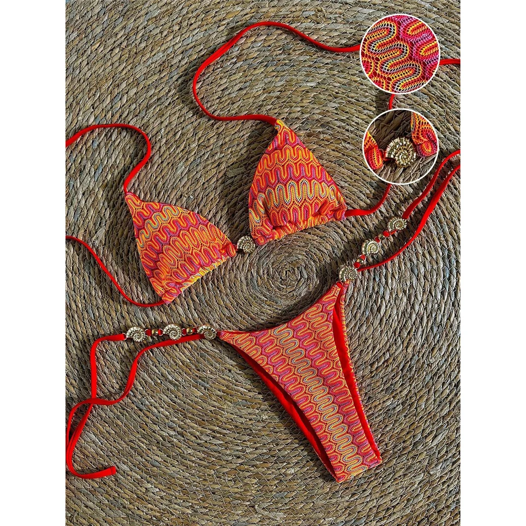 Bedruckter Neckholder-Bikini, Damen-Badeanzug, zweiteiliges Bikini-Set, hoch geschnittene Beine, Badeanzug mit Trägern, Badebekleidung, Schwimmanzug V7939 – Detail 3