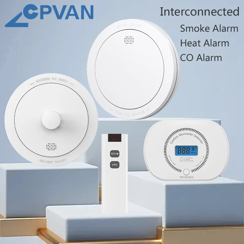 CPVAN Wireless Interconnect Smoke, Heat & Carbon Monoxide Detector with Remote Control Fire protect smoke Alarm 10 Year battery