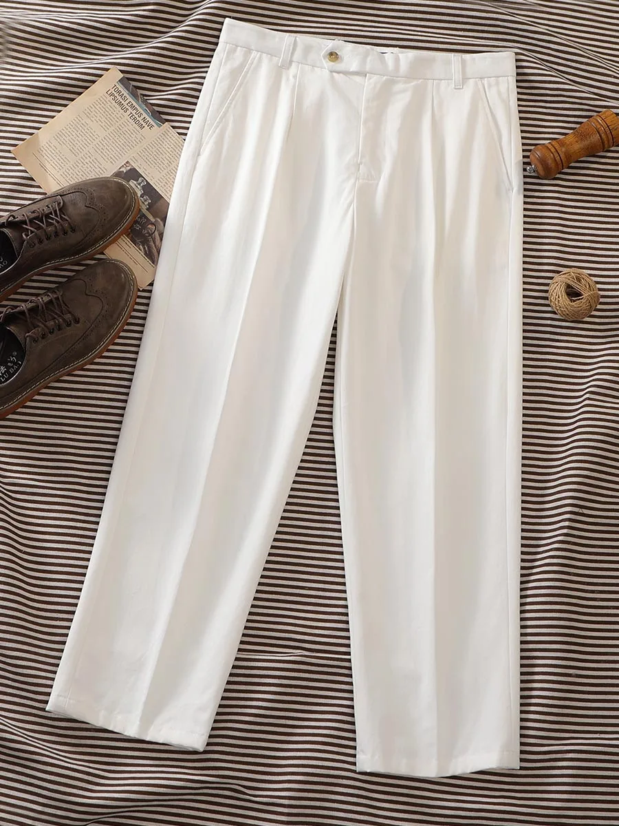 European and American retro loose fitting straight casual pants, all cotton fishbone pattern white pants, college style vintage