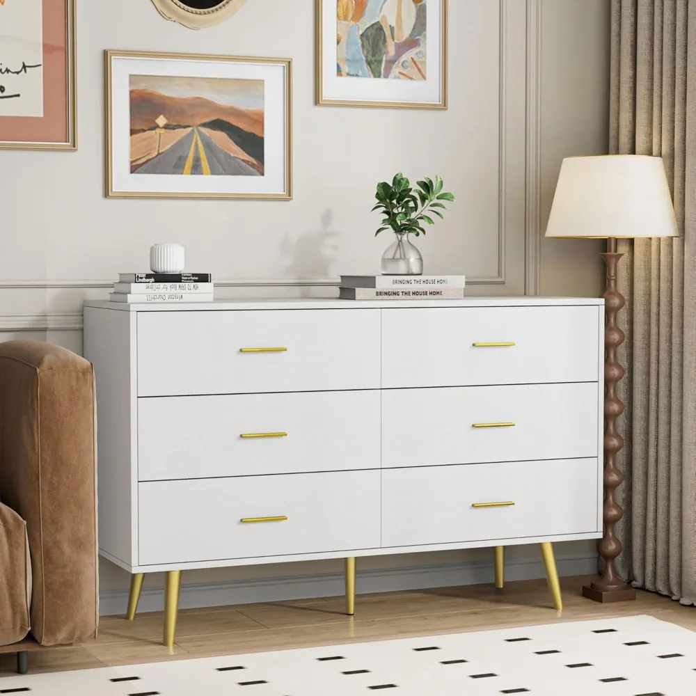 

6 Drawer Dresser for Bedroom, Wooden Double Dresser with Gold Handles, Modern Chest Dresser with Deep Drawers for Living Room