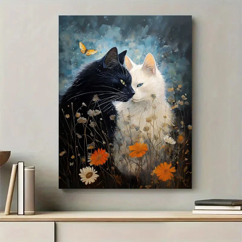 Multiple sizes 1pc frameless Canvas Painting,Two Cats Closely Together Starry Sky White Flowers Poster and Prints Canvas Paintin