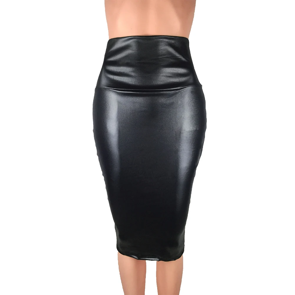 New Women Plus Size Wet Look Matte Faux Leather Pencil Elastic High Rise Office Skirt Hip Wrapped Medium Length Female Skirt