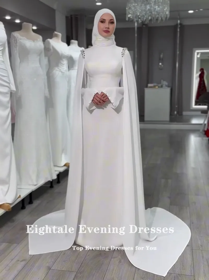 Eightale vestido de casamento árabe frisado personalizado marfim cetim mangas compridas vestido de noiva muçulmano sereia vestido de festa de noiva