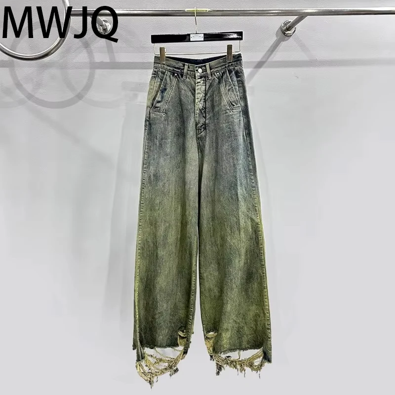 MWJQ Spring 2025 New High Quality Vintage Gradient Jeans Japanese Straight Drag Washed Denim Long Pants Casual Trousers 010046