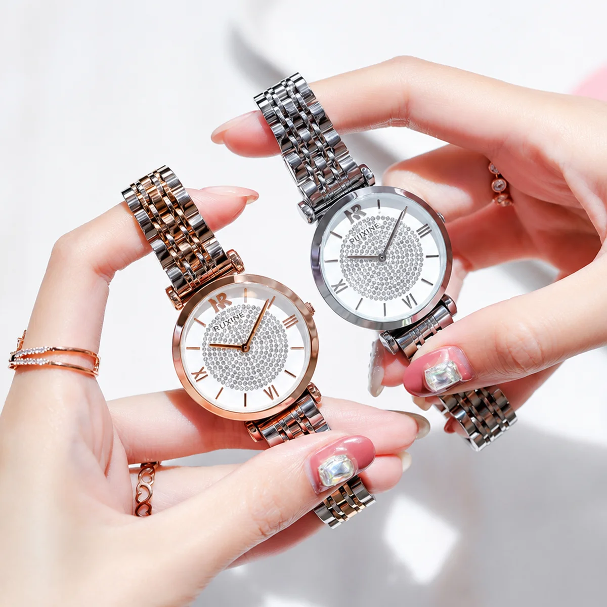 RUIXINE 608 Women's Watches Elegant Fashion Wristwatch Waterproof Stainless Steel Belt Inlaid Zircon Business Woman's Watch