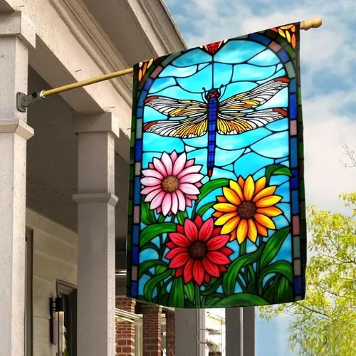 Stained Glass Dragonfly Garden Flag Decorative Yard Sign Polyester ZZY