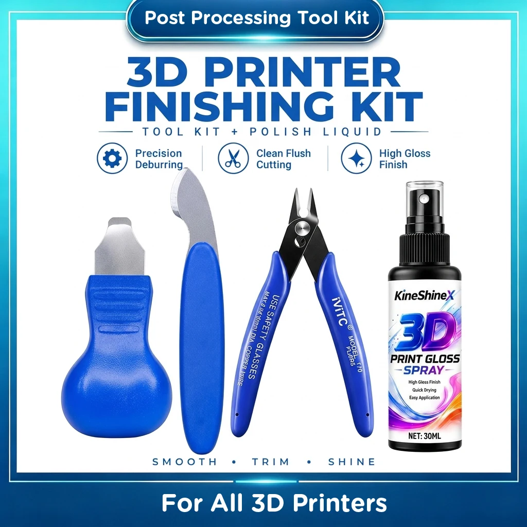 3D Printing Post-Processing Tool Kit with Cutters, Scrapers & Gloss Spray, Support Remover for PLA ABS UV Curing Printed Models
