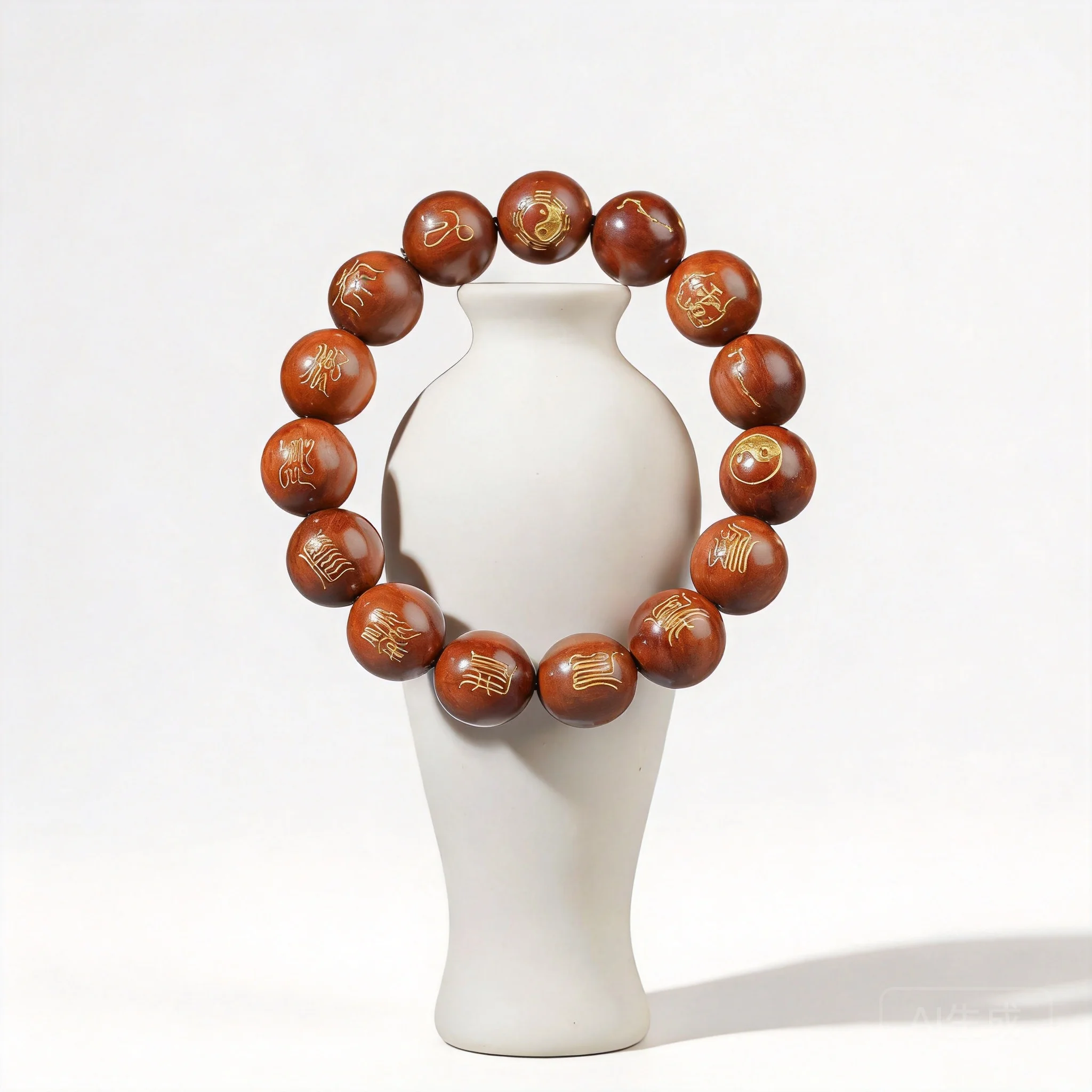 

Chinese Style Thunder Struck Jujube Wood Gilded Ten Heavenly Scriptures Bracelet 15pcs 15mm Taoist Sacred Prayer Beads For Bless