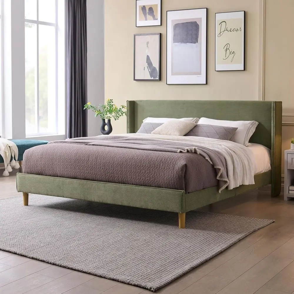 Современный каркас двуспальной кровати с мягкой обивкой Wingback и вельветовой тканью, местом для хранения под кроватью, опорой из деревянных планок, пружина коробки не требуется,