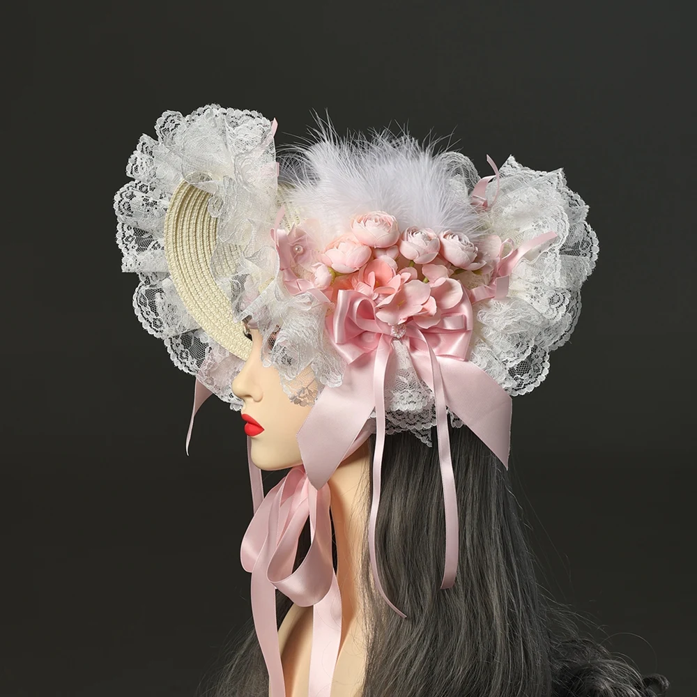 French Lolita Style Vintage Victorian Sun Hat Straw Handmade Tea Party Headwear Accessories Princess Beach Cap
