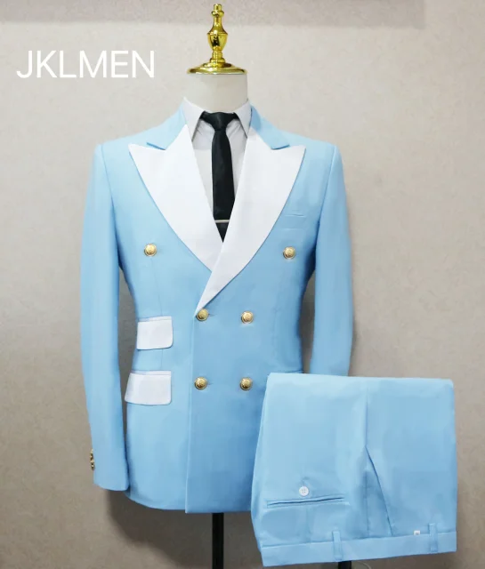 Costumes Pour Hommes Light Blue Smoking Jacket Pants Gold Buttons Party Tuxedo Dress Double Breasted Men Suits For Wedding Groom