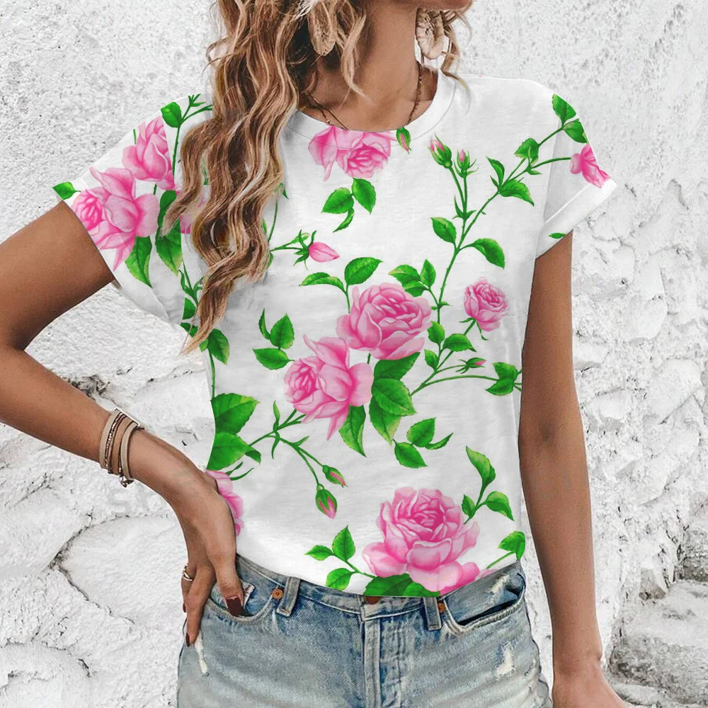 Elegant And Simple Fashion Women\'s T-shirt Summer Casual Loose Comfort O-Neck T-shirt Vintage Flower Print High Quality T-shirt