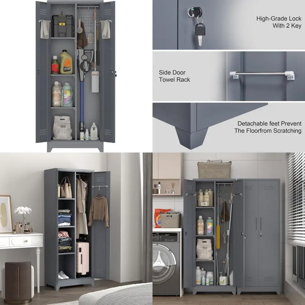 Utility Closet Cabinets with Locking Doors and Pegboard for Basement Laundry Room Storage Solutions