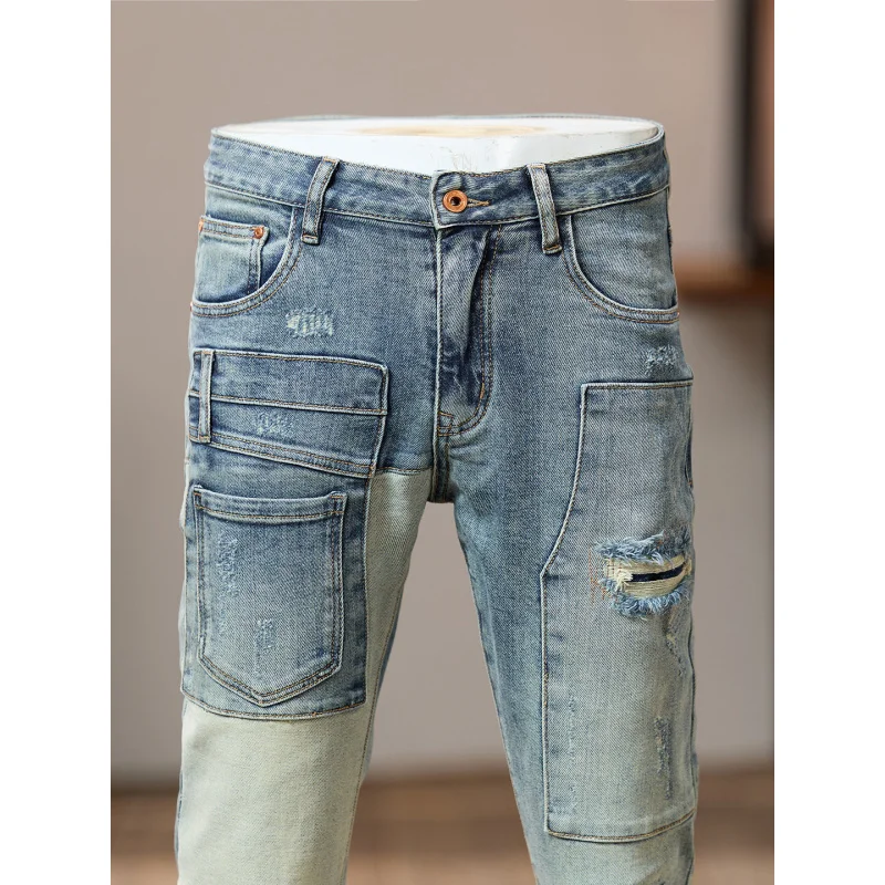 

Retro patchwork pocket jeans for men, scraped and trendy street hooligans, 2025 new slim fit small leg pants