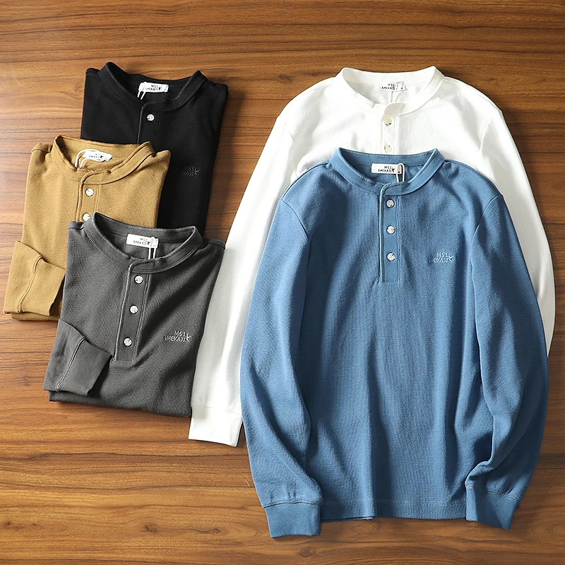 

Мужская толстовка с вышивкой из плотной вафельной ткани с воротником Хенри, длинным рукавом, весна-осень, городской стиль