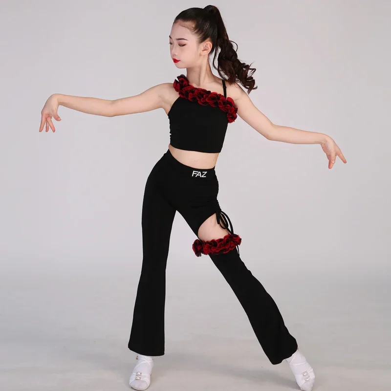 

Sexy Diagonal Shoulder Single Leg Design Latin Dance Training Suit Girls Children Jumpsuit Latin Dance Practice Clothes
