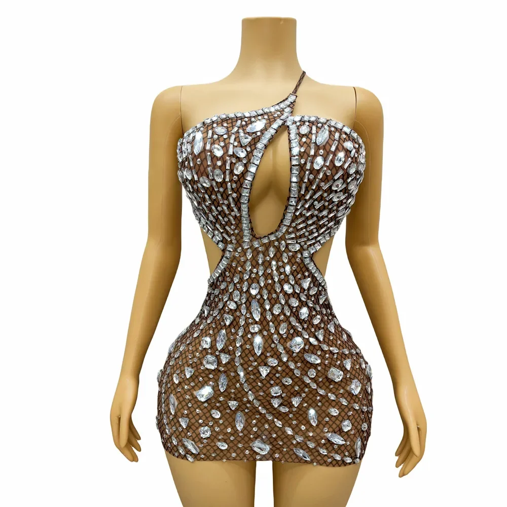 Club Nightclub Party Short Dress Women Singer Stage Performance Costume Sexy Backless Slanted Shoulder Tight Crystal Mini Dress